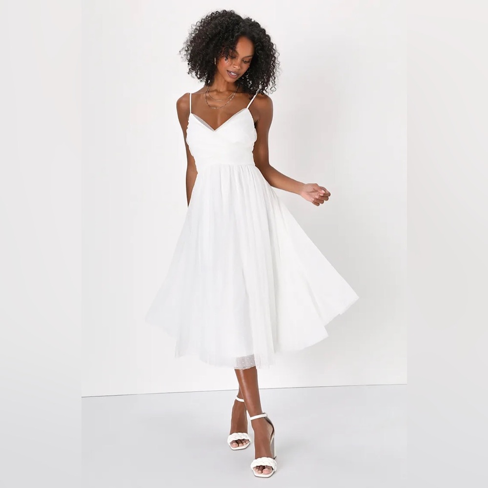 Lulu’s Sweet Serenade White Tulle Swiss Dot Surplice Midi Dress